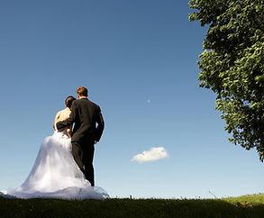 Bride and groom standing outdoors under a clear sky, viewed from behind